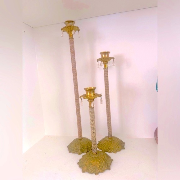 3 brass candle holders with crystal beading and crystal dangles - Picture 4 of 12